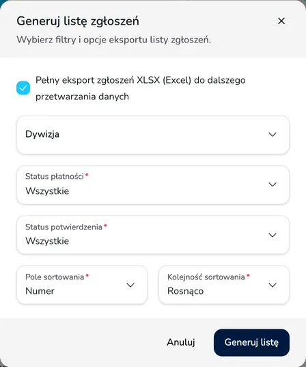 Okno Generuj listę zgłoszeń z zaznaczonym polem Pełny eksport zgłoszeń XLSX