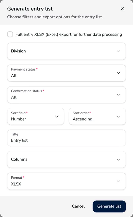 Generate entry list window with the division, payment status and confirmation status filters, sorting, title, columns and format