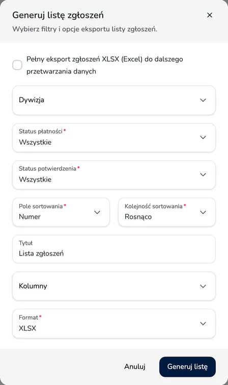 Okno Generuj listę zgłoszeń z filtrami dywizji, statusu płatności i potwierdzenia, sortowaniem, tytułem, kolumnami i formatem
