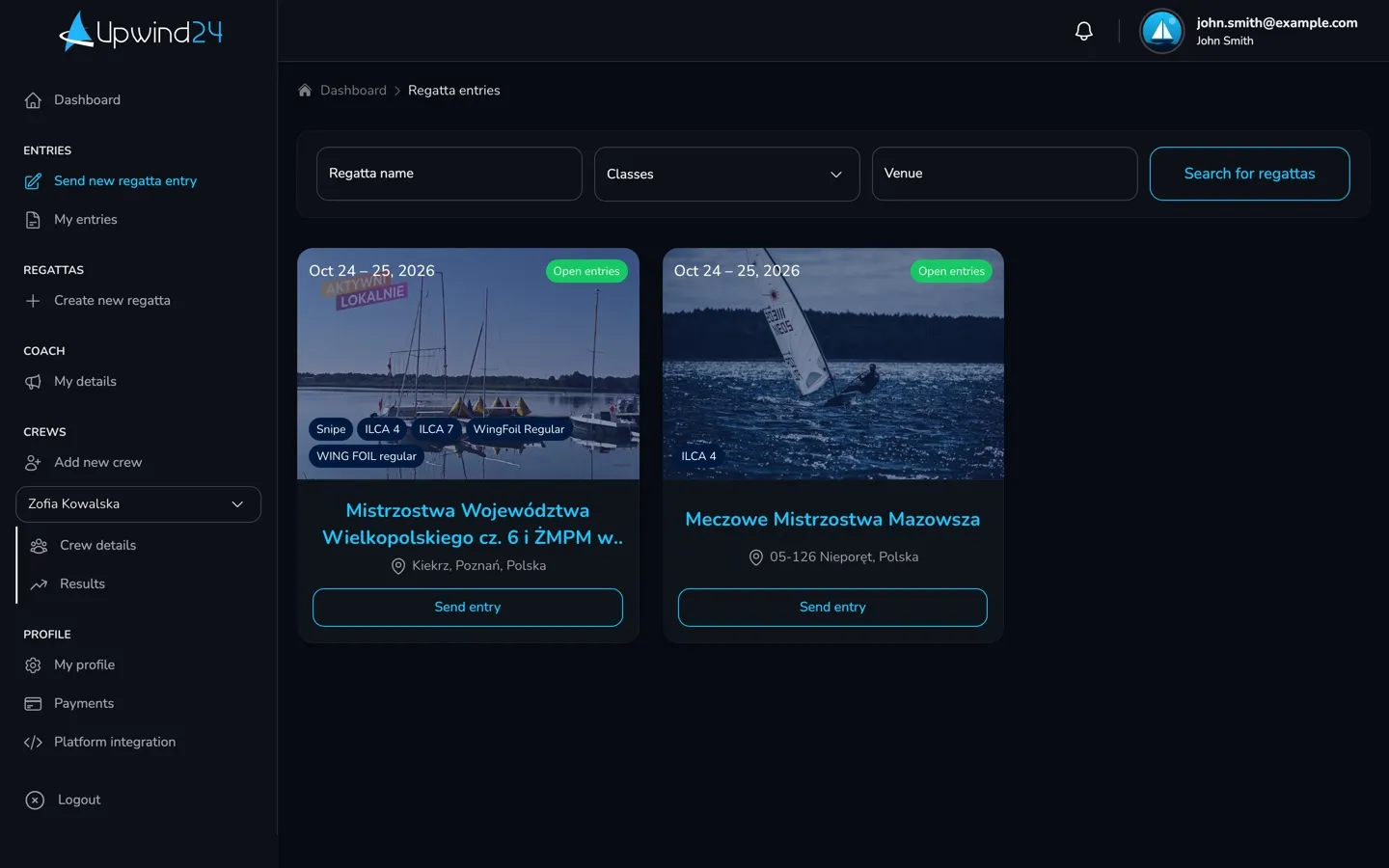 The list of regattas with open entries in the user panel with the filters and the Send entry buttons
