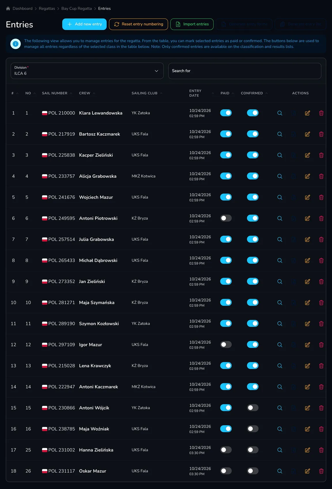 Entries tab with the action buttons, information about entries and the ILCA 6 division entries table with the Paid and Confirmed switches