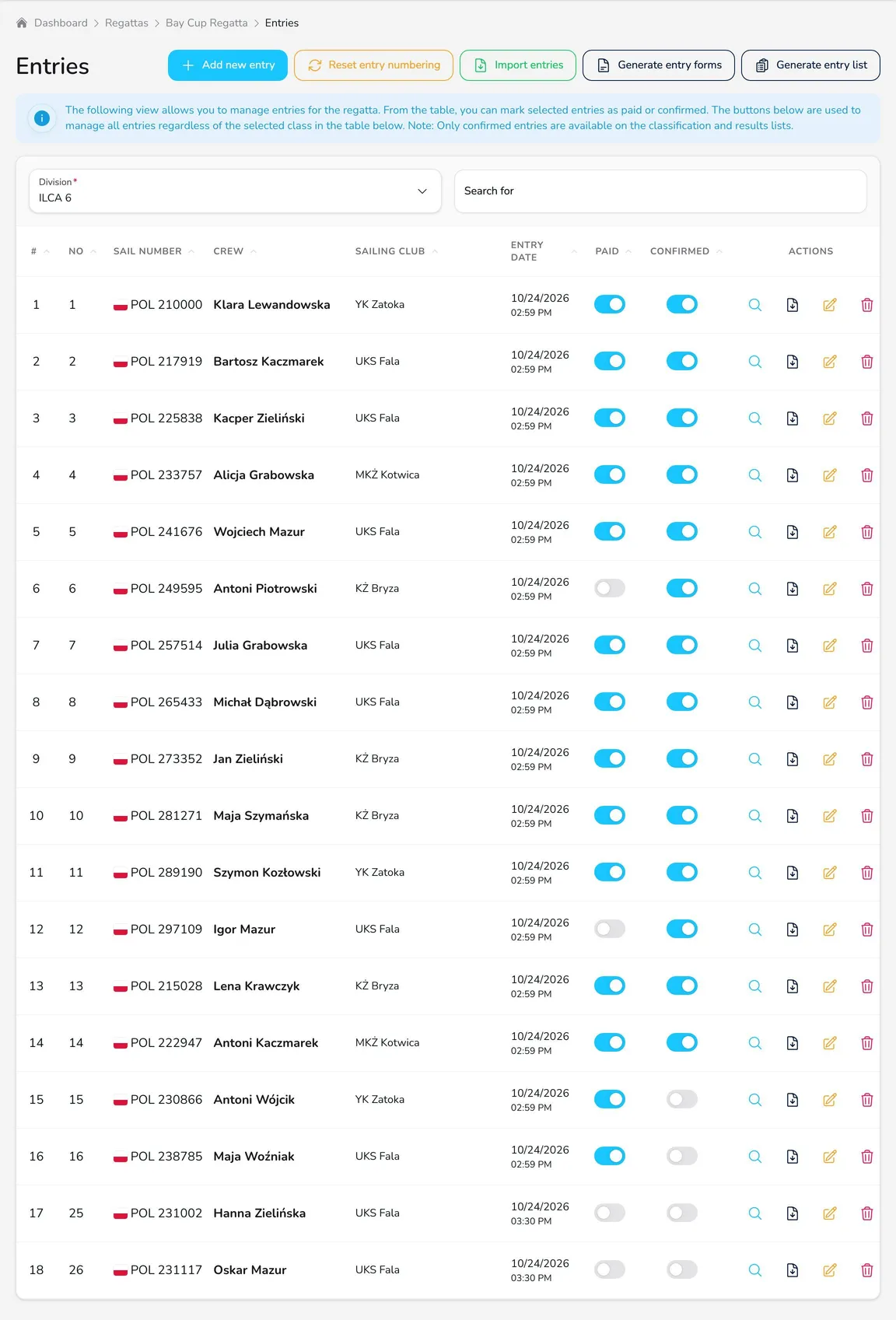 Entries tab with the action buttons, information about entries and the ILCA 6 division entries table with the Paid and Confirmed switches