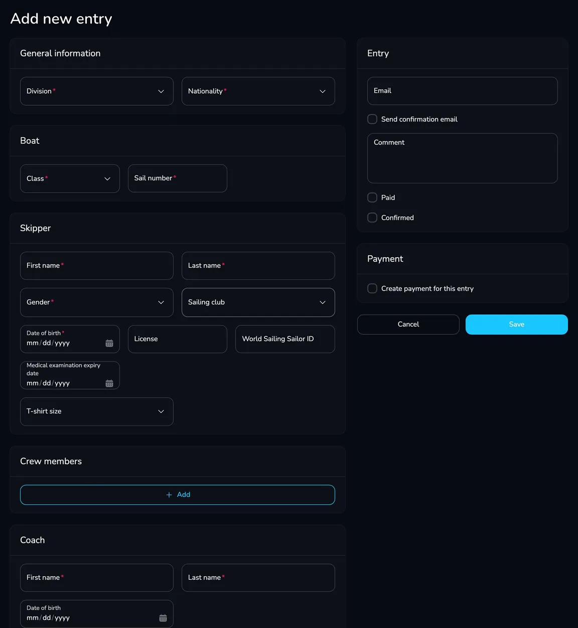 Add new entry form with the General information, Boat and Skipper cards and the Entry and Payment cards on the right
