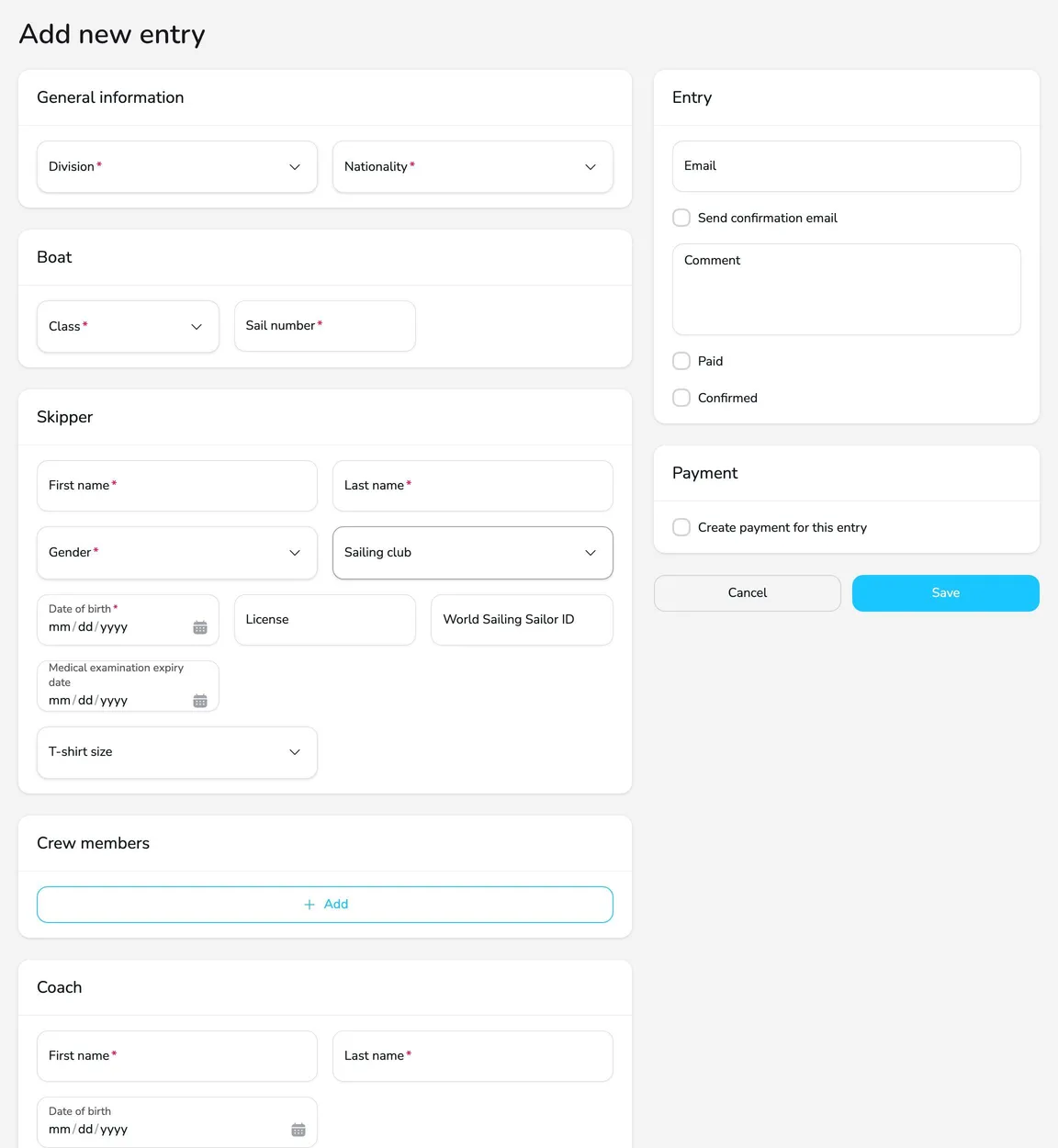 Add new entry form with the General information, Boat and Skipper cards and the Entry and Payment cards on the right