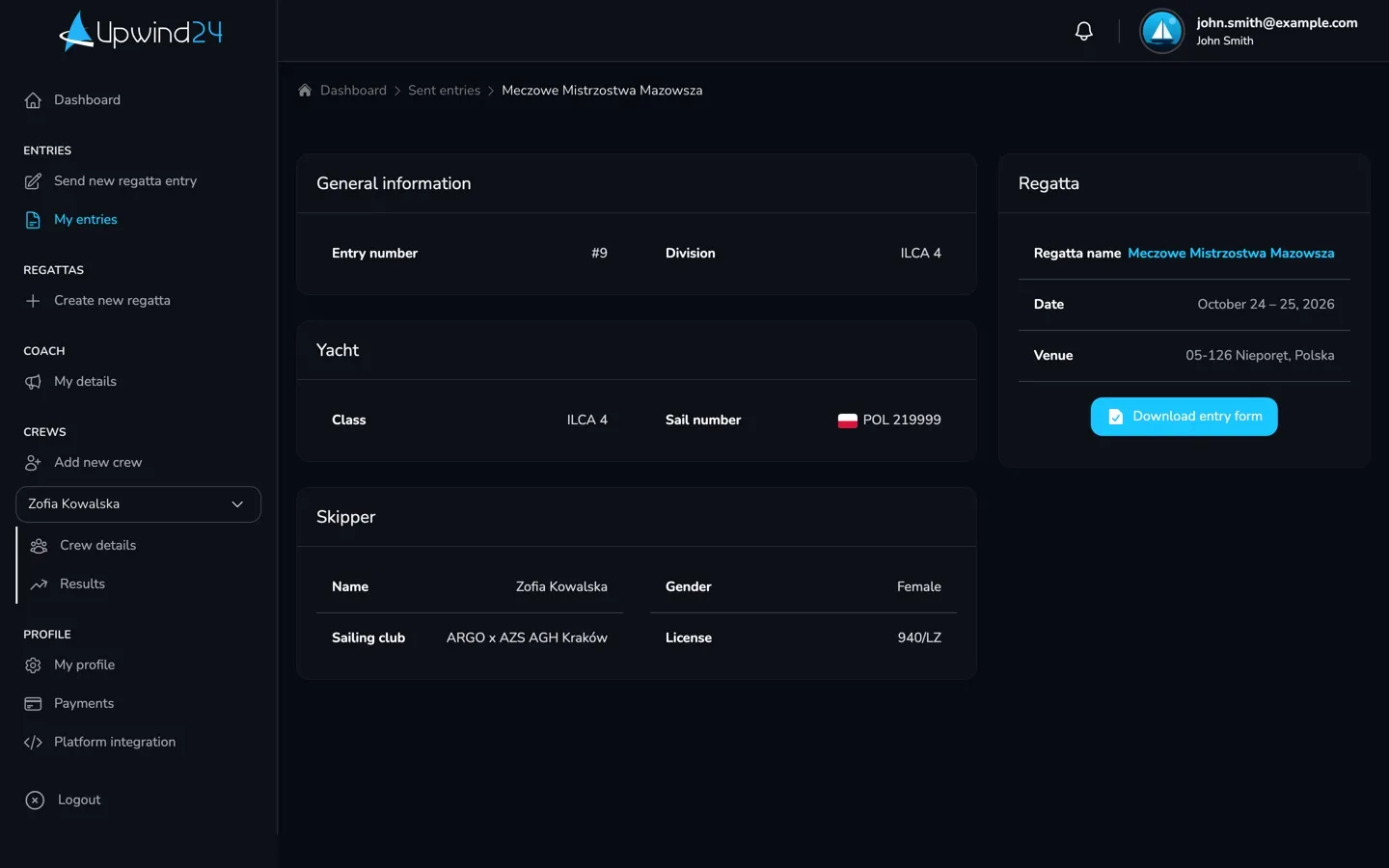 The details of a sent entry with the entry number, division, yacht and skipper details and the Download entry form button
