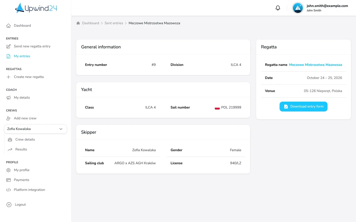 The details of a sent entry with the entry number, division, yacht and skipper details and the Download entry form button