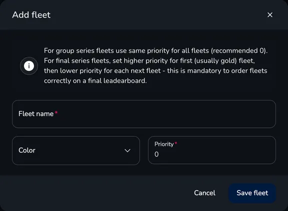 Add fleet window with the fleet name, color and priority