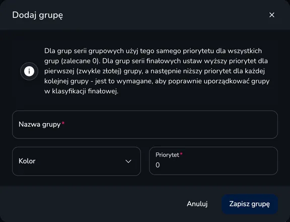 Okno Dodaj grupę z nazwą grupy, kolorem i priorytetem