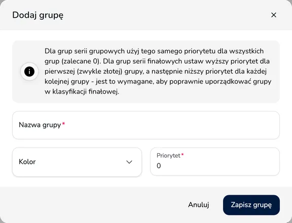 Okno Dodaj grupę z nazwą grupy, kolorem i priorytetem