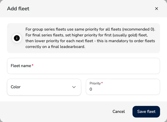 Add fleet window with the fleet name, color and priority