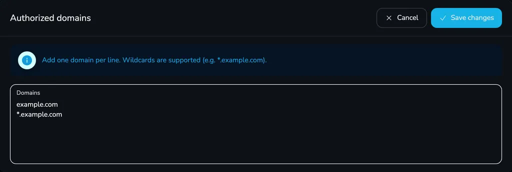 Authorized domains card in edit mode with the example.com and *.example.com domains and the Cancel and Save changes buttons