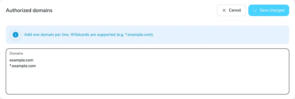 Authorized domains card in edit mode with the example.com and *.example.com domains and the Cancel and Save changes buttons