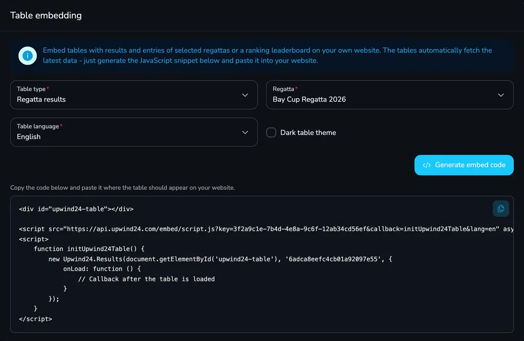 Table embedding card with the Regatta results table type, the regatta, the table language, the Dark table theme field and the generated embed code