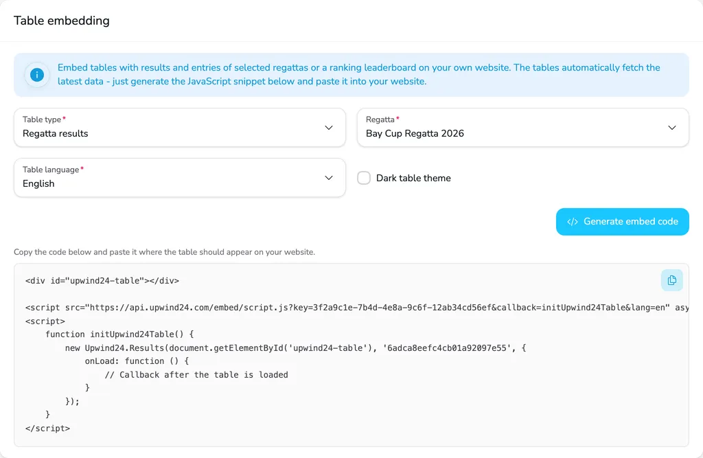 Table embedding card with the Regatta results table type, the regatta, the table language, the Dark table theme field and the generated embed code