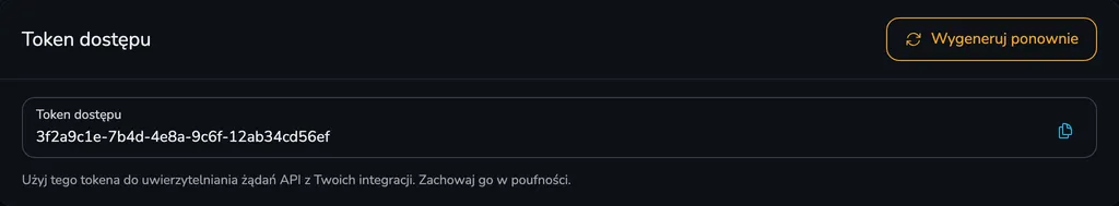 Karta Token dostępu z polem tokena, przyciskiem kopiowania i przyciskiem Wygeneruj ponownie