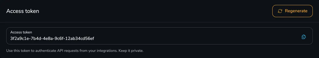 Access token card with the token field, the copy button and the Regenerate button