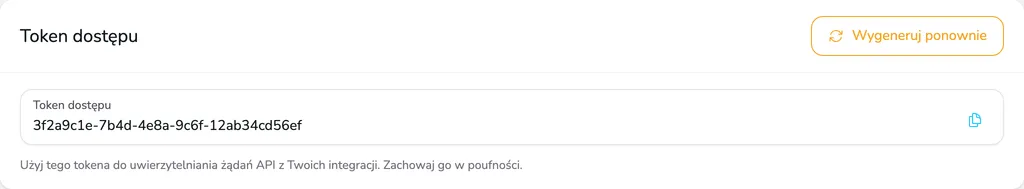 Karta Token dostępu z polem tokena, przyciskiem kopiowania i przyciskiem Wygeneruj ponownie