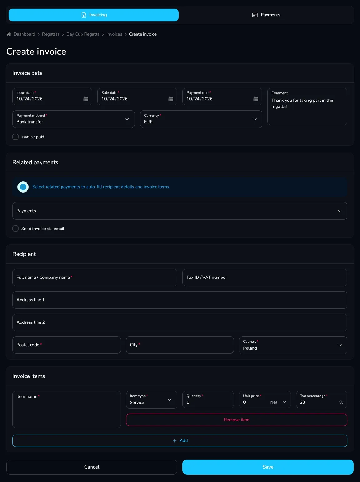 Create invoice form with the Invoice data, Related payments, Recipient and Invoice items cards