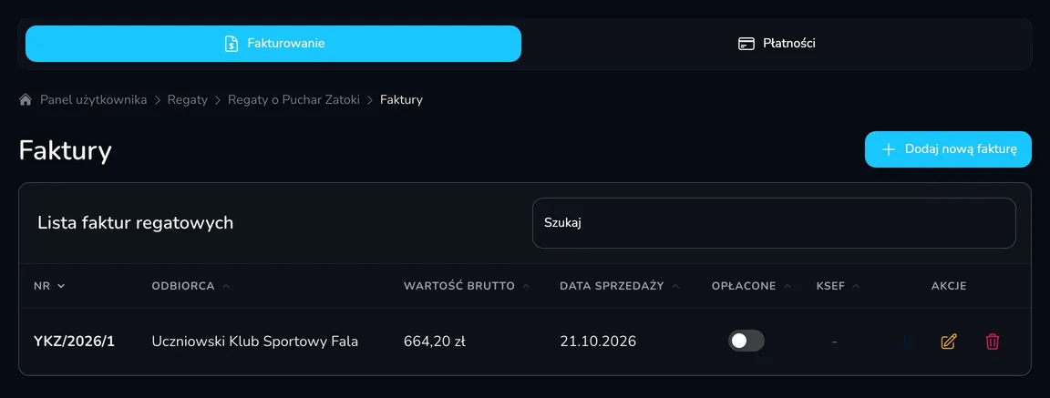 Karta Fakturowanie z listą faktur regatowych: numer faktury, odbiorca, wartość brutto, data sprzedaży, przełącznik Opłacone, status KSeF i akcje