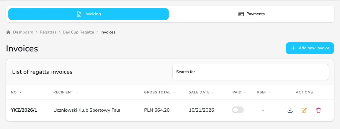 Invoicing card with the list of regatta invoices: invoice number, recipient, gross total, sale date, the Paid switch, KSeF status and actions