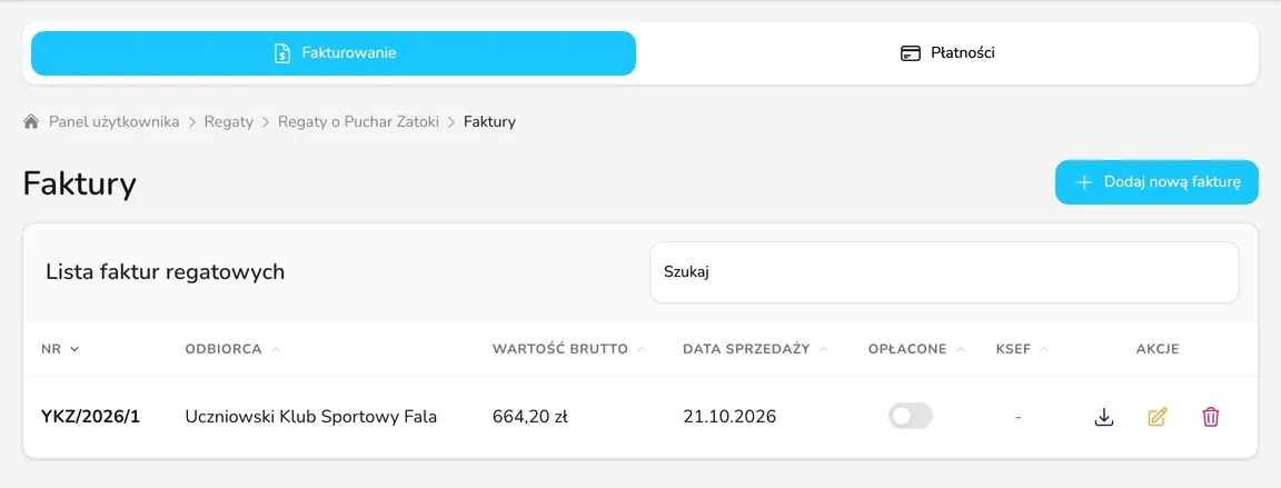 Karta Fakturowanie z listą faktur regatowych: numer faktury, odbiorca, wartość brutto, data sprzedaży, przełącznik Opłacone, status KSeF i akcje