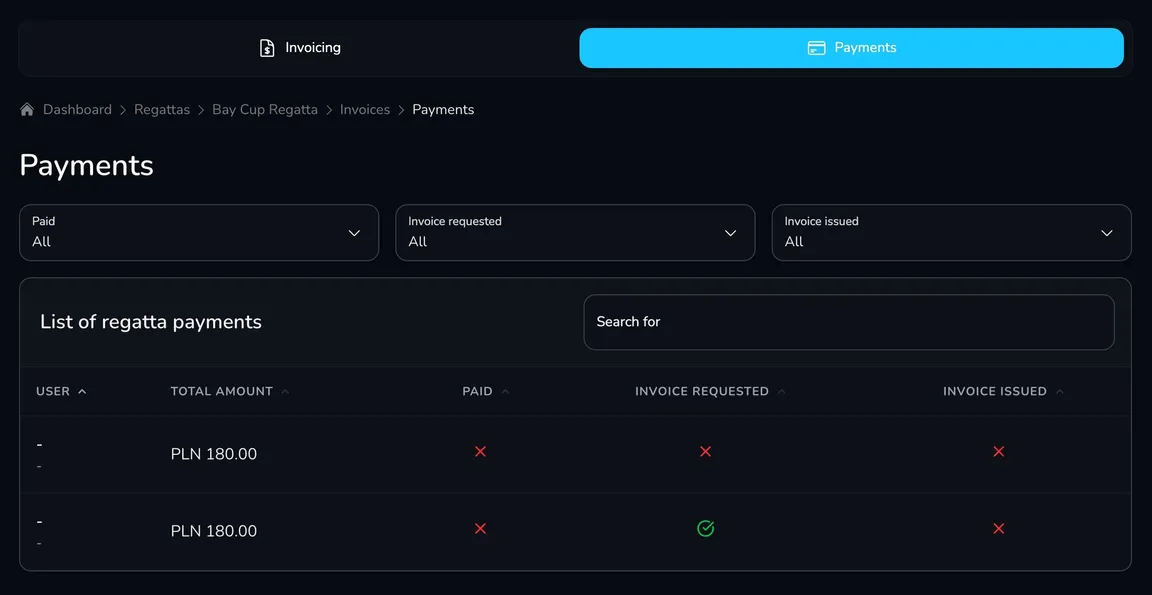 Payments card with the Paid, Invoice requested and Invoice issued filters and the list of regatta payments