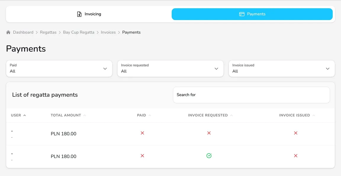 Payments card with the Paid, Invoice requested and Invoice issued filters and the list of regatta payments