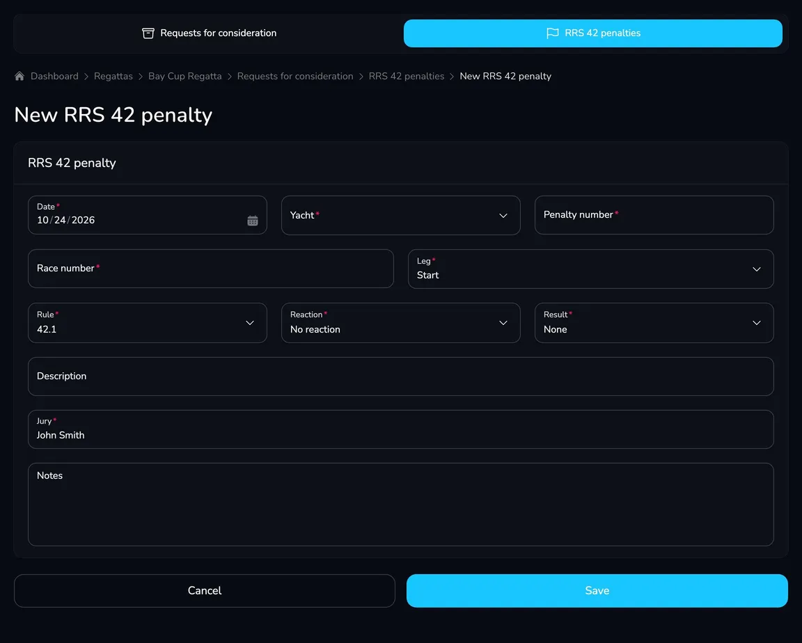 New RRS 42 penalty form with the date, yacht, penalty number, race number, leg, rule, reaction, result, description, jury and notes
