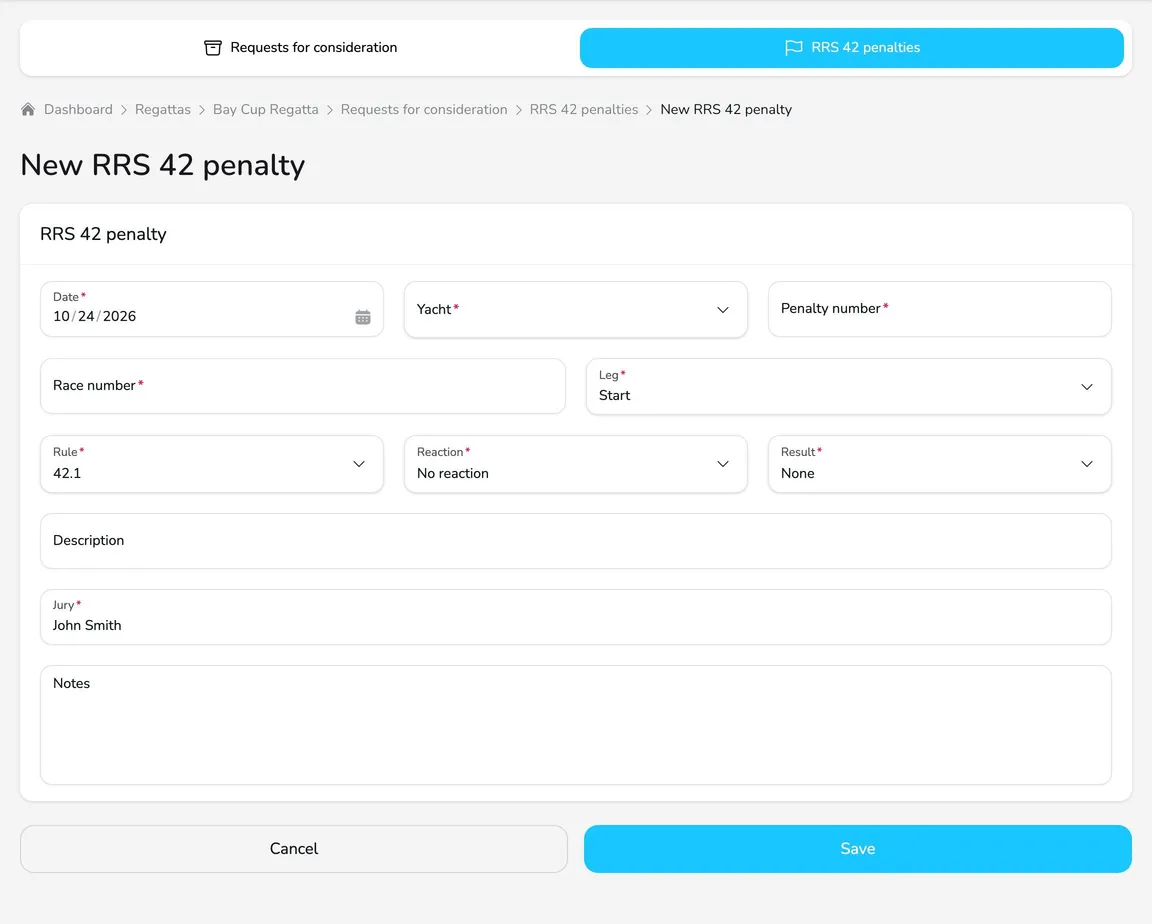 New RRS 42 penalty form with the date, yacht, penalty number, race number, leg, rule, reaction, result, description, jury and notes