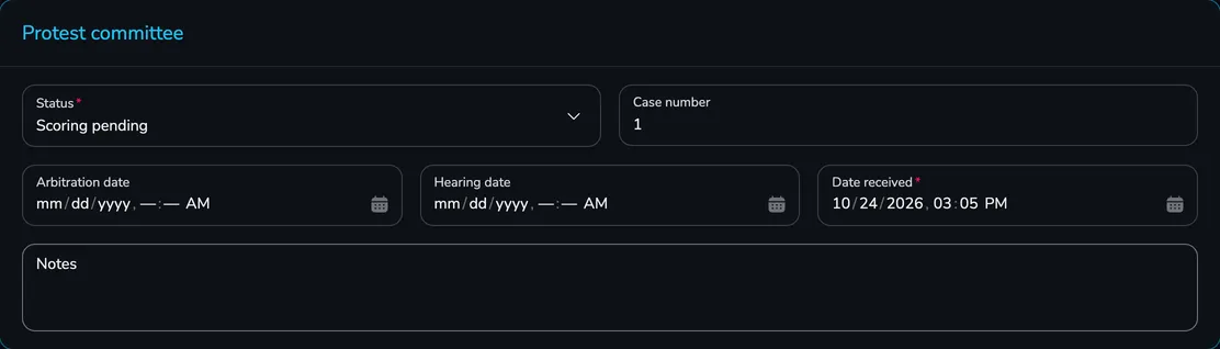 Protest committee card with the status, case number, arbitration date, hearing date, date received and notes