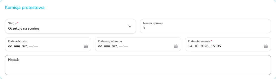 Karta Komisja protestowa ze statusem, numerem sprawy, datą arbitrażu, datą rozpatrzenia, datą otrzymania i notatkami