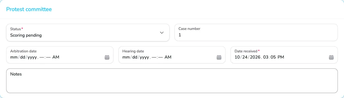 Protest committee card with the status, case number, arbitration date, hearing date, date received and notes