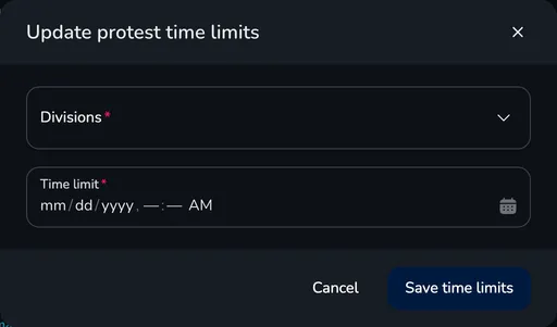 Update protest time limits window with the Divisions and Time limit fields