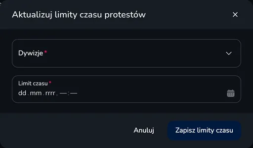 Okno Aktualizuj limity czasu protestów z polami Dywizje i Limit czasu