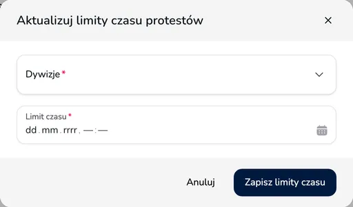 Okno Aktualizuj limity czasu protestów z polami Dywizje i Limit czasu