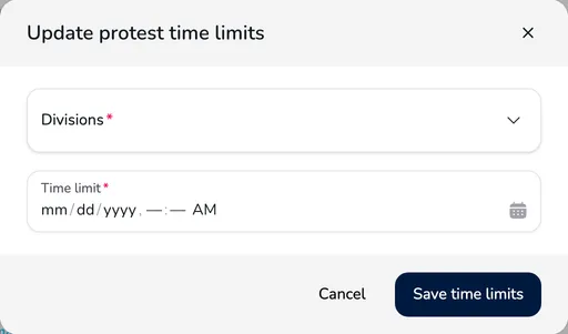 Update protest time limits window with the Divisions and Time limit fields