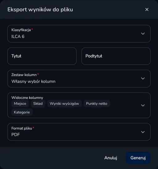 Okno Eksport wyników do pliku z klasyfikacją, tytułem, podtytułem, zestawem kolumn i formatem pliku