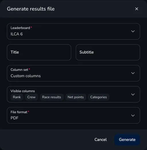 Generate results file window with the leaderboard, title, subtitle, column set and file format