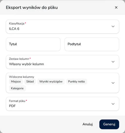 Okno Eksport wyników do pliku z klasyfikacją, tytułem, podtytułem, zestawem kolumn i formatem pliku