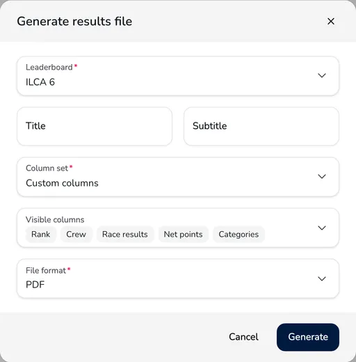 Generate results file window with the leaderboard, title, subtitle, column set and file format
