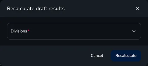 Recalculate draft results window with the division selection and the Recalculate button