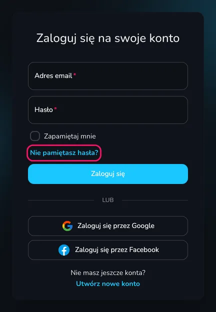 Formularz Zaloguj się na swoje konto z wyróżnionym linkiem Nie pamiętasz hasła?