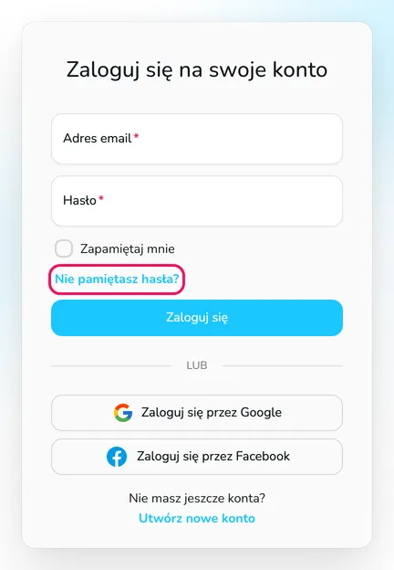 Formularz Zaloguj się na swoje konto z wyróżnionym linkiem Nie pamiętasz hasła?
