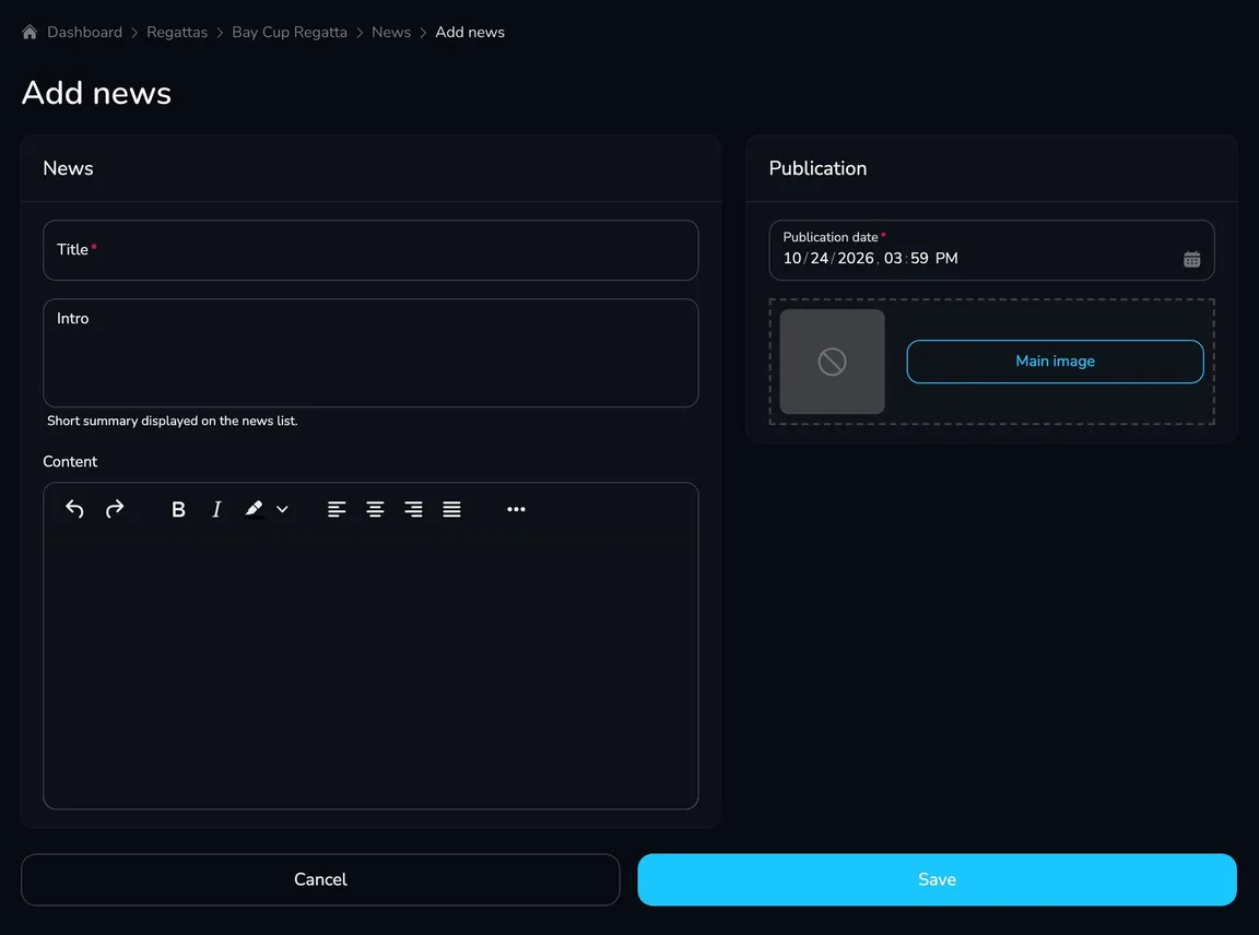 Add news form with the News card (title, intro, content) and the Publication card (publication date, main image)