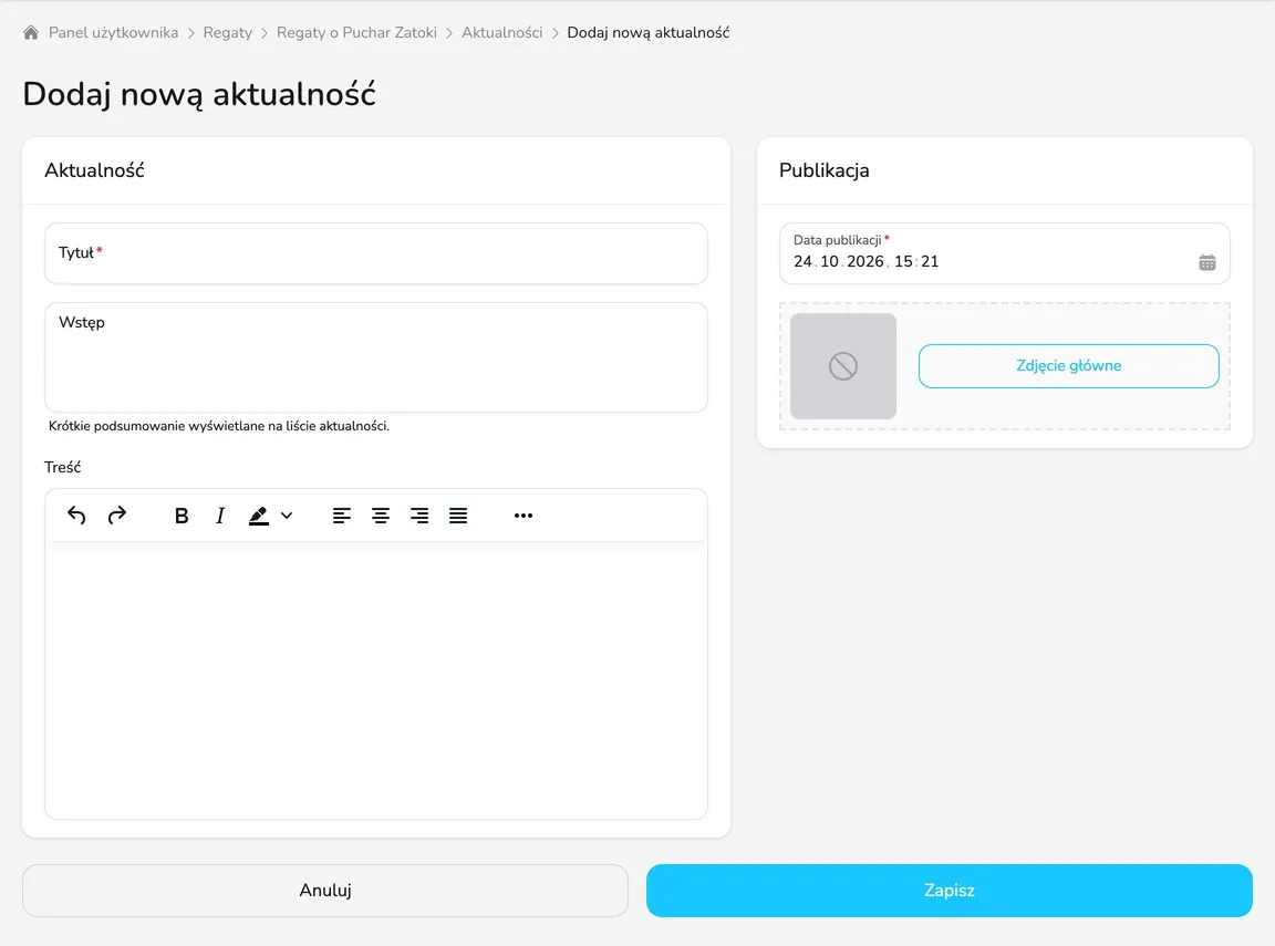 Formularz Dodaj nową aktualność z kartą Aktualność (tytuł, wstęp, treść) i kartą Publikacja (data publikacji, zdjęcie główne)