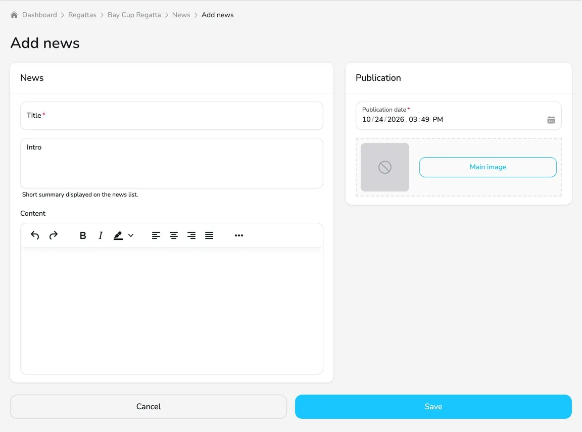 Add news form with the News card (title, intro, content) and the Publication card (publication date, main image)