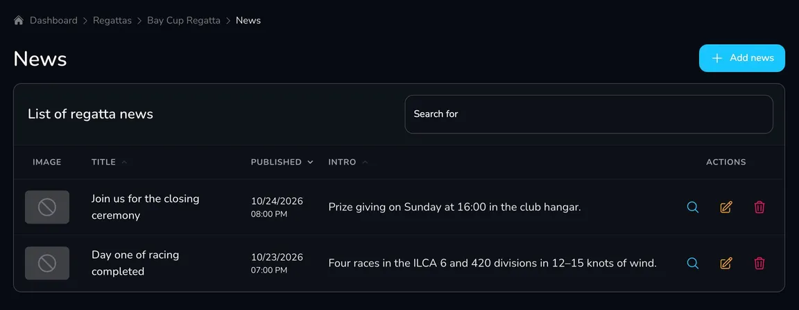 List of regatta news with the image, title, publication date, intro and the View, Edit and Delete actions