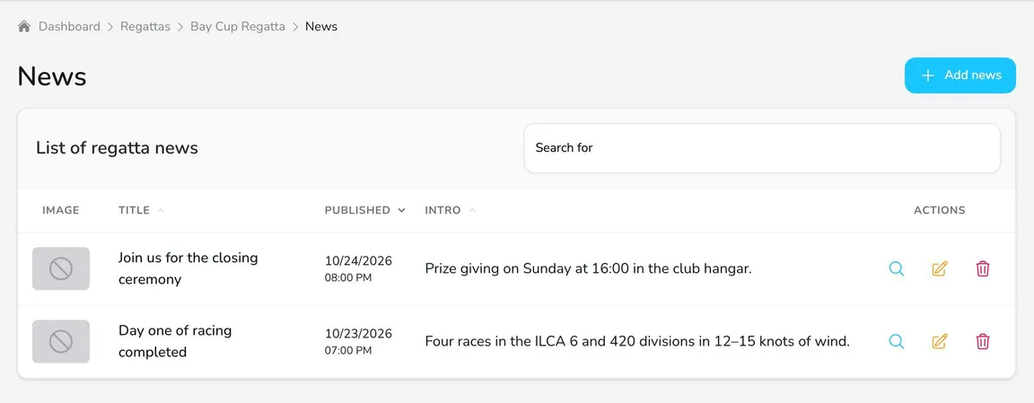 List of regatta news with the image, title, publication date, intro and the View, Edit and Delete actions