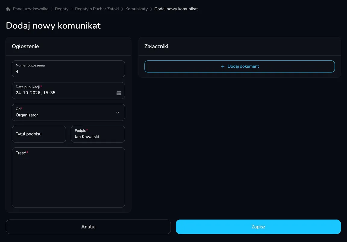 Formularz Dodaj nowy komunikat z kartą Ogłoszenie (numer, data publikacji, nadawca, podpis, treść) i kartą Załączniki