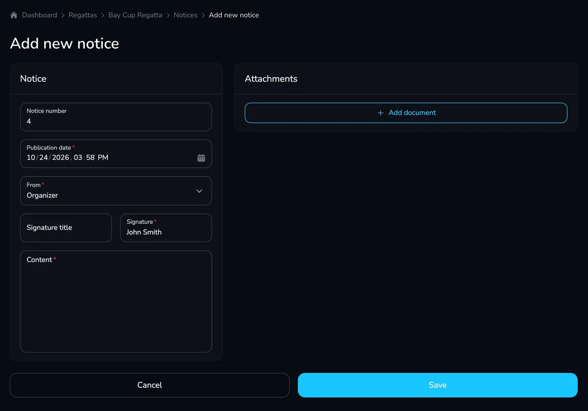 Add new notice form with the Notice card (number, publication date, sender, signature, content) and the Attachments card